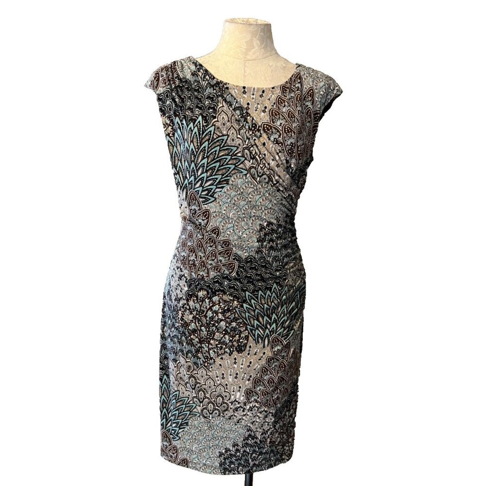 Connected Dress 8 Paisley Stretch Career Washable Black Gray Blue New - Picture 4 of 11